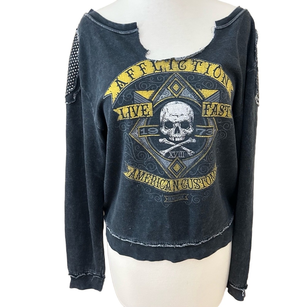 Affliction Distressed Skull Studded Sweatshirt Lace Back Women’s Medium